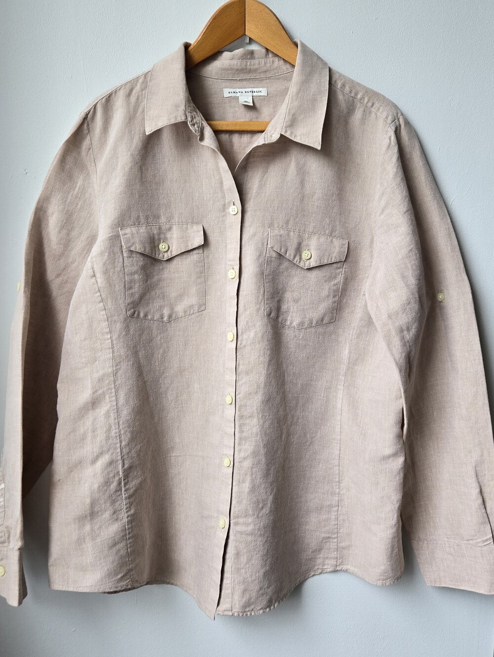 Linen Flax Cott XL Womens Long Sleeve Shirt Banana Republic Tan Layering *Flaws